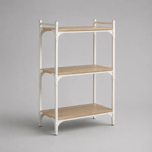 Libreria rettangolare a 3 ripiani in acciaio e legno, bianco e rovere naturale, 80 × 35 × 120 cm
