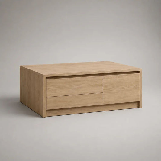 Tavolino da salotto rettangolare in MDF impiallacciato rovere naturale con 2 cassetti e 1 anta, 100 x 55 x 45 cm
