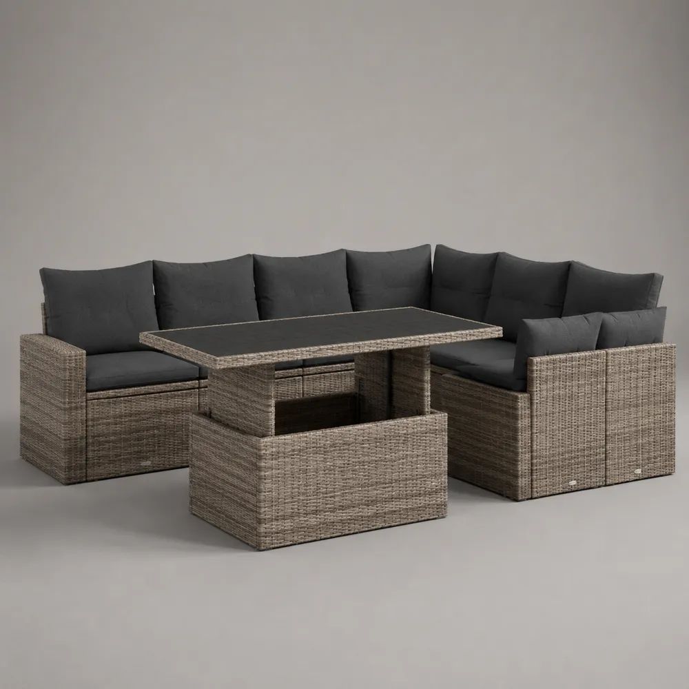 Set da giardino angolare a 7 posti in polyrattan grigio talpa con cuscini antracite e tavolo nero, 238 x 180 x 85 cm