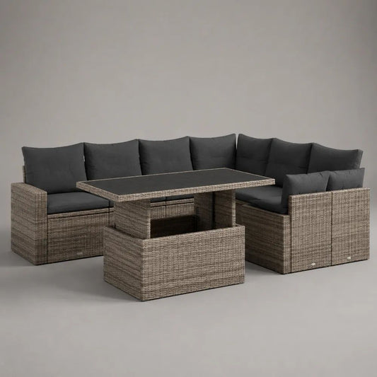 Set da giardino angolare a 7 posti in polyrattan grigio talpa con cuscini antracite e tavolo nero, 238 x 180 x 85 cm