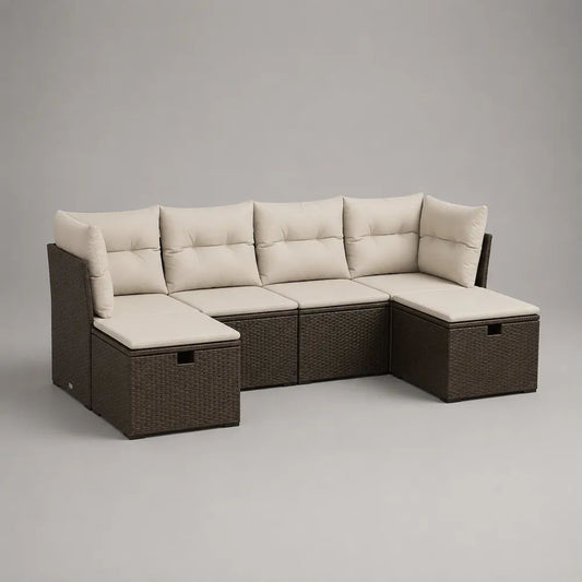 Divano da giardino modulare a U 5 posti, set da 5 pezzi in polyrattan PE marrone scuro con cuscini beige, 240 × 145 × 73 cm